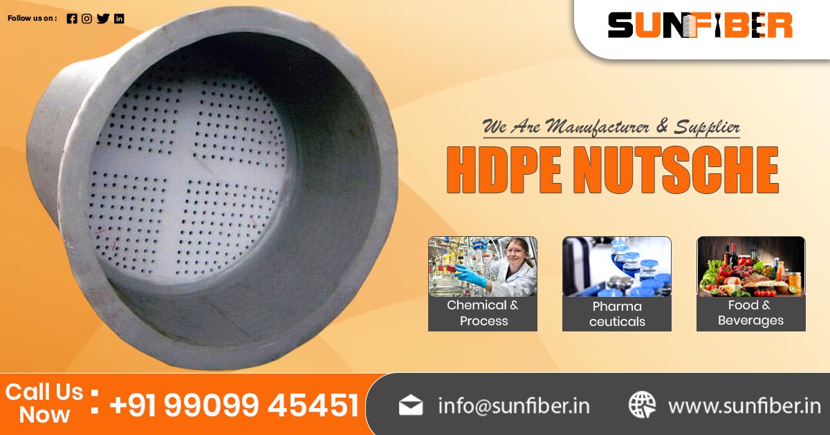 Supplier of HDPE Nutsche in Uttar Pradesh Sunfiber is a Manufacturer and Supplier of HDPE Nutsche in Uttar Pradesh, India. Our Manufacturing Unit is in Ahmedabad, Gujarat, India. A HDPE Nutsche filter is a type of filtration device designed to separate solids from liquids. It’s typically used in batch filtration processes where a high degree of separation is required. The filter consists of a large vessel, usually a tank, made from High-Density Polyethylene (HDPE). This material is known for its robustness, chemical resistance, and long lifespan, making it ideal for applications that involve aggressive chemicals or harsh conditions. Features of HDPE Nutsche Filters: Durability and Corrosion Resistance: HDPE is highly resistant to corrosion and chemicals, making HDPE Nutsche filters ideal for industries that deal with aggressive substances. High Efficiency: HDPE Nutsche filters provide high separation efficiency, ensuring that solids are thoroughly removed from liquids. This is especially crucial in industries where product purity is a concern. Cost-Effective: HDPE is a cost-effective material when compared to other options like stainless steel, making HDPE Nutsche filters an affordable choice for many industries. Easy Maintenance: The simplicity of the design and the durability of HDPE material mean that these filters require minimal maintenance. Customizable Sizes: HDPE Nutsche filters are available in a wide range of sizes and capacities, allowing businesses to choose the right filter for their specific needs. Long-Lasting Performance: HDPE is known for its long service life, which reduces the need for frequent replacements and downtime, increasing overall productivity. Applications of HDPE Nutsche Filters: Chemical Processing Pharmaceuticals Food and Beverages Wastewater Treatment Oil and Gas What industries use HDPE Nutsche filters? HDPE Nutsche filters are used in industries such as chemical manufacturing, pharmaceuticals, food and beverage production, wastewater treatment, and oil and gas processing. What is the difference between HDPE Nutsche filters and other types of filters? HDPE Nutsche filters are specifically designed for liquid-solid separation with a focus on chemical resistance and durability. Unlike other types of filters made from materials like stainless steel, HDPE offers superior resistance to corrosion and chemicals at a more affordable price point. Sunfiber is a Supplier of HDPE Nutsche in Uttar Pradesh, India including location like Kanpur, Lucknow, Ghaziabad, Agra, Meerut, Varanasi, Prayagraj, Bareilly, Aligarh, Moradabad, Saharanpur, Gorakhpur, Noida, Firozabad, Jhansi, Muzaffarnagar, Mathura-Vrindavan, Ayodhya, Rampur, Shahjahanpur, Farrukhabad-Fatehgarh, Budaun, Maunath Bhanjan, Hapur, Etawah, Mirzapur-Vindhyachal, Bulandshahr, Sambhal, Amroha, Hardoi, Fatehpur, Raebareli, Orai, Sitapur, Bahraich, Modinagar, Unnao, Jaunpur, Lakhimpur, Hathras, Banda, Pilibhit, Barabanki, Khurja, Gonda, Mainpuri, Lalitpur, Etah, Deoria, Ghazipur, Sultanpur, Azamgarh, Bijnor, Sahaswan, Basti, Chandausi, Akbarpur, Ballia, Tanda, Greater Noida, Shikohabad, Shamli, Awagarh, Kasganj. Contact us today for inquiries or to place an order!